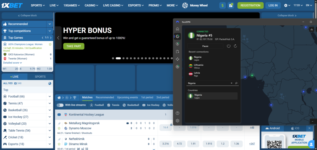 1XBET accessed from a restricted country using a NordVPN server in Nigeria