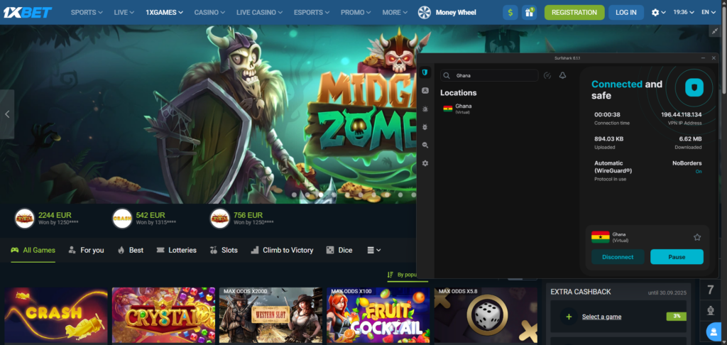 1XBET access unlocked by connecting to a Ghanian VPN server using Surfshark