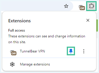 Screenshot of a Chrome message allowing you to pin TunnelBear VPN to your address bar, with the pin highlighted in green.
