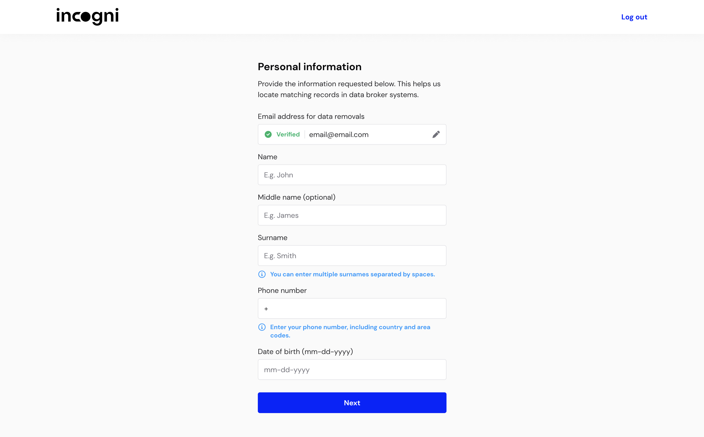 Incogni personal information section