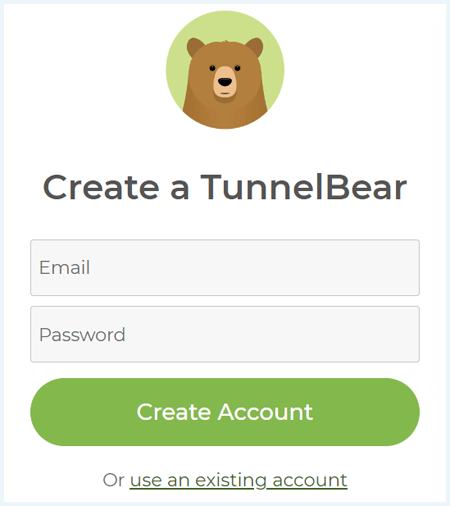 Screenshot of TunnelBear's "Create a TunnelBear" account page