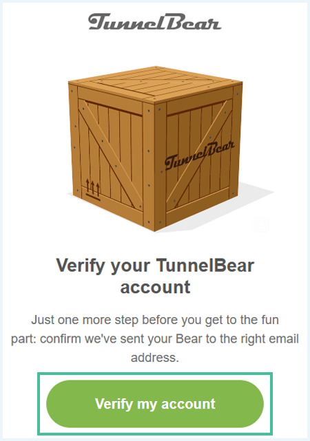 Screenshot of the "Verify your TunnelBear account" email with the "Verify my account" button highlighted in green