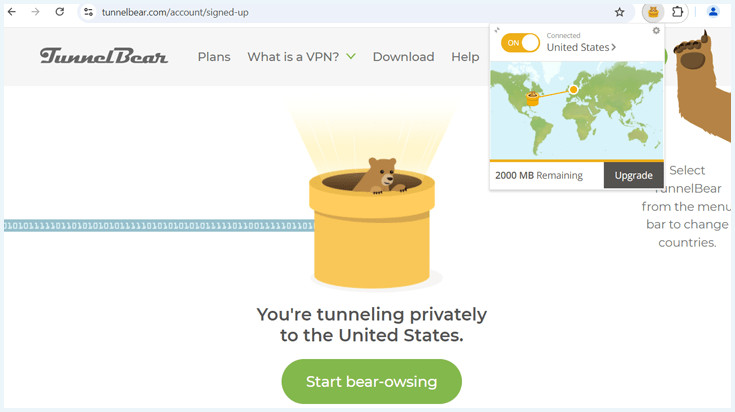 Screenshot of the TunnelBear website with the Chrome extension activated and connected to the United States