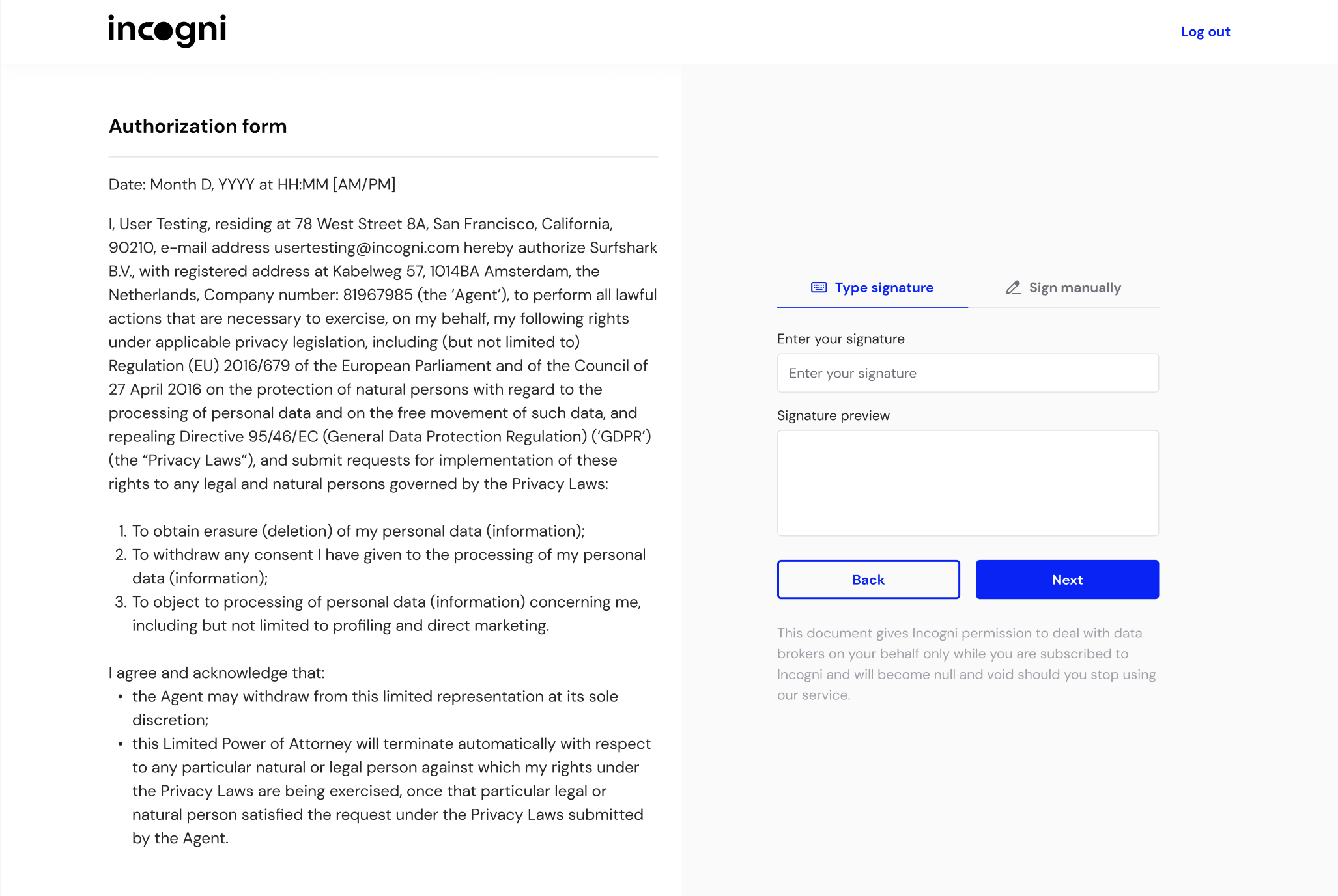 Incogni authorization form