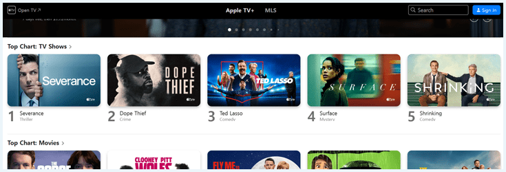 Screenshot of the AppleTV+ homepage