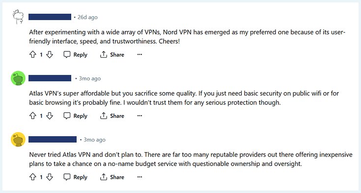 An image of three comments on Reddit discussing AtlasVPN and NordVPN.
