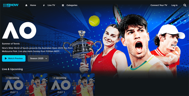 A screenshot of the Australian Open on 9Now