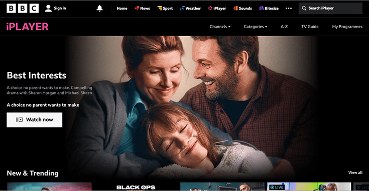 Screenshot of BBC iPlayer homepage