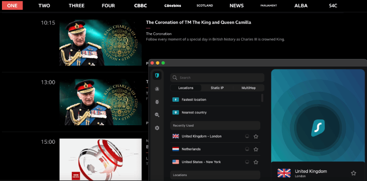 BBC iPlayer TV Guide displaying the Royal Coronation listing with the Surfshark app running.