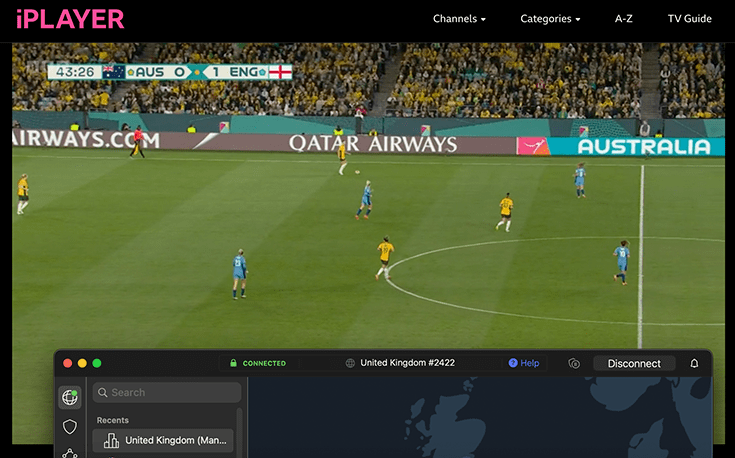 BBC iPlayer streaming Australia vs. England with VPN connected
