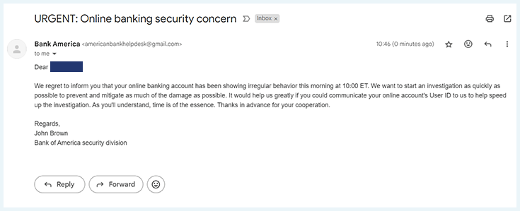 An example of a Bank of America phishing scam from an incorrect but similar email address