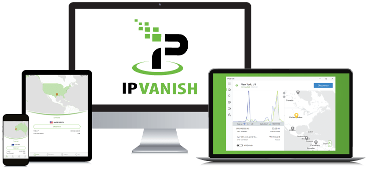 Laptop, Tablet, Smartphone and Desktop PC showing the IPVanish VPN Logo and App interfaces