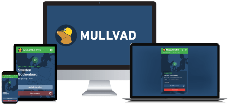 Laptop, Tablet, Smartphone and Desktop PC showing the Mullvad VPN Logo and App interfaces