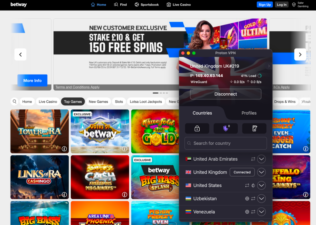 Betway unblocked with Proton VPN
