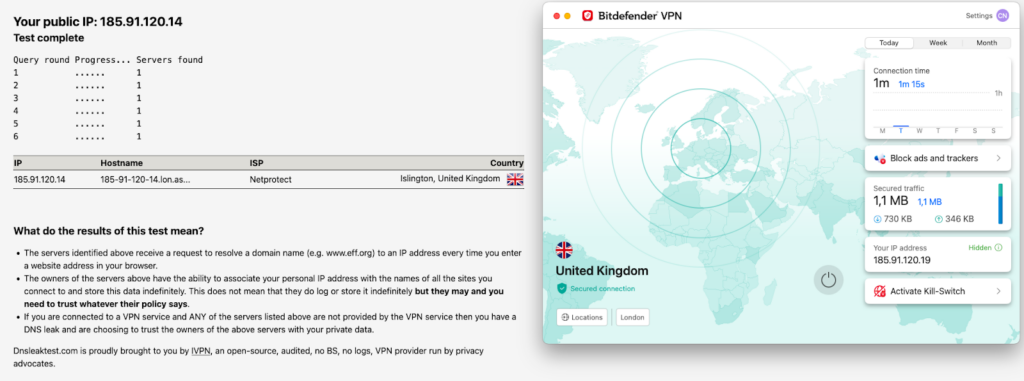 Bitdefender DNS leak results