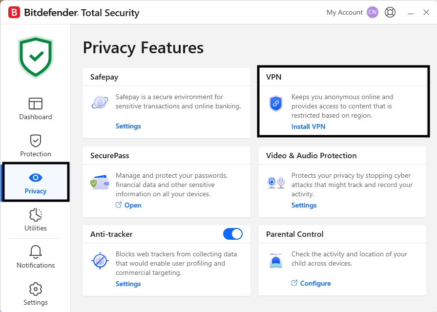 Bitdefender VPN section location