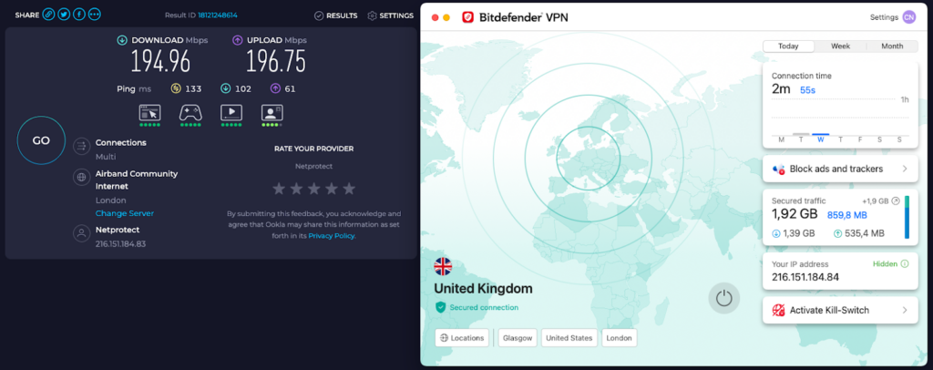 Bitdefender VPN speed results