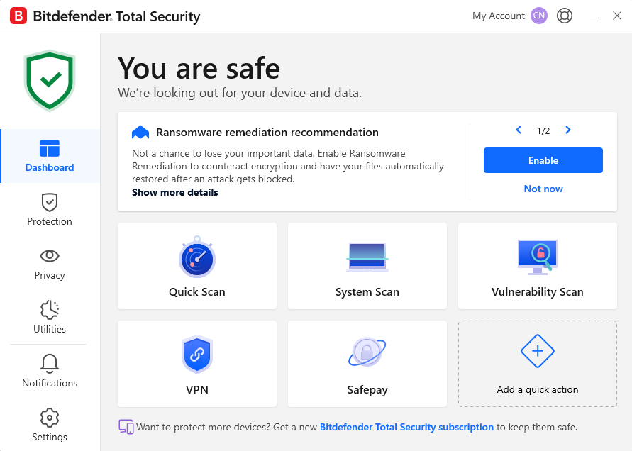 Bitdefender antivirus "You are safe" message