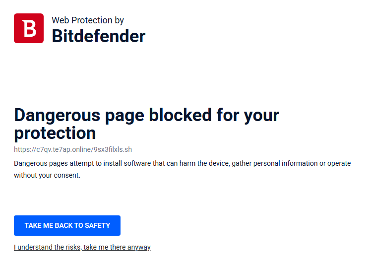 Bitdefender blocking a dangerous website