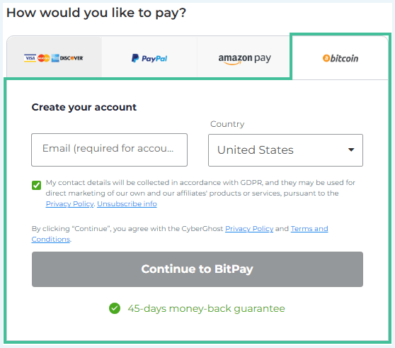 Check out page of CyberGhost with Bitcoin highlighted