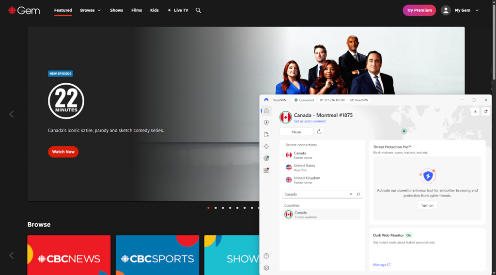 CBC Gem unblocked with NordVPN