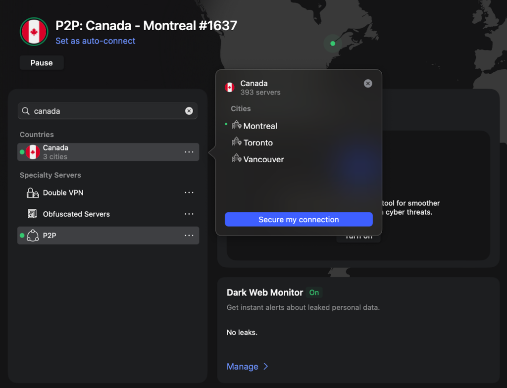 NordVPN connected to a Canadian IP address in Montreal