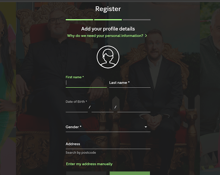 Channel 4's registration page showing fields to fill in to add your profile details. Fields include your first name, last name, date of birth, gender, and address (searched by postcode)