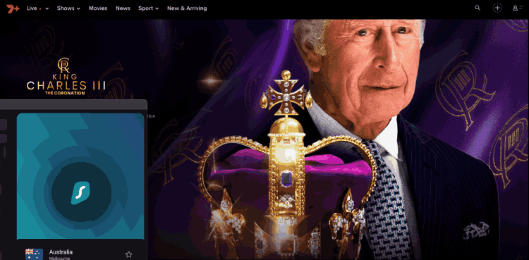 King Charles III The Coronation on 7plus with Surfshark VPN connected to an Australian server.
