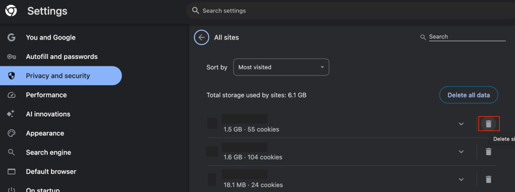 Check all visited websites and delete site data and permissions
