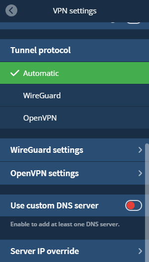 Mullvad's settings for the tunnel protocol