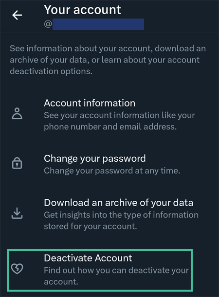 Android version of Twitter/X's Your account page