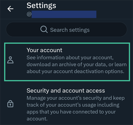 Android version of Twitter/X settings and support page