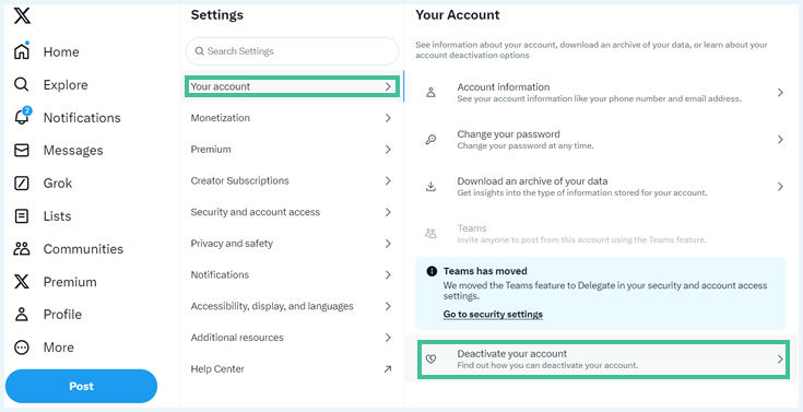 Desktop version of Twitter/X's "Your account" page