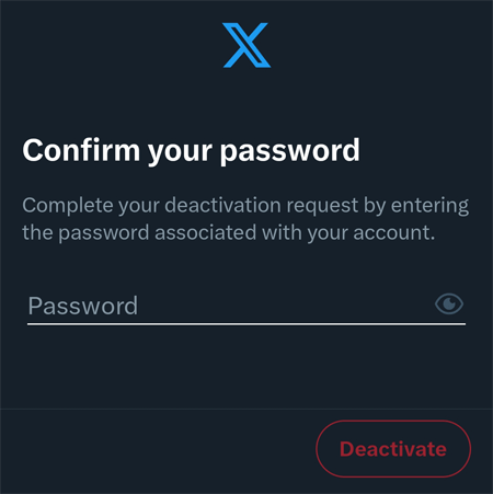 iOS version of Twitter/X. Here, you can confirm your password and deactivate your Twitter account.