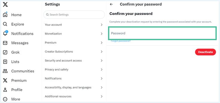 Desktop version of Twitter/X. Here, you can confirm your password and deactivate your Twitter account.