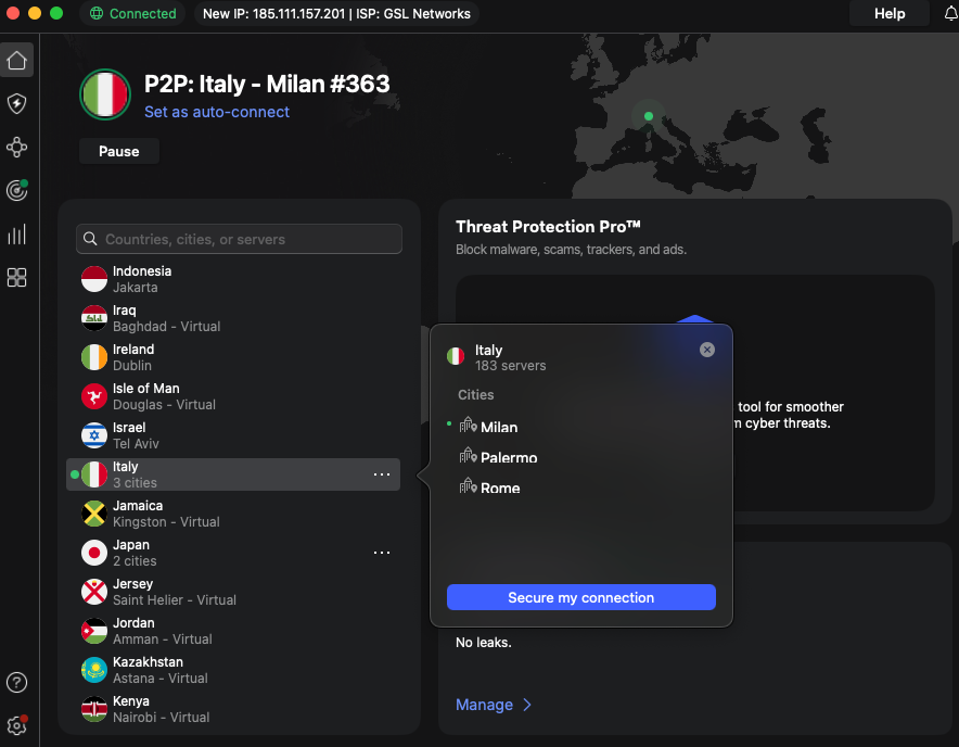 Connecting to NordVPN's Italian server