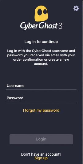 CyberGhost login screen