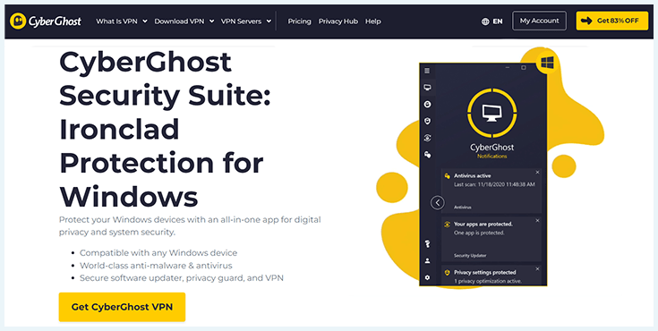 A screenshot of the homepage of CyberGhost's security suite