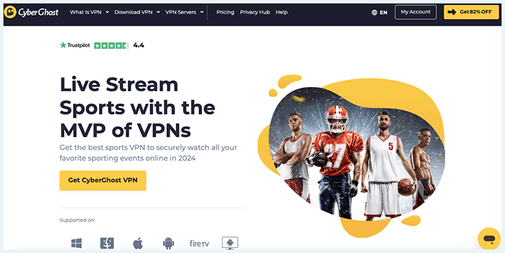 CyberGhost's sports streaming homepage