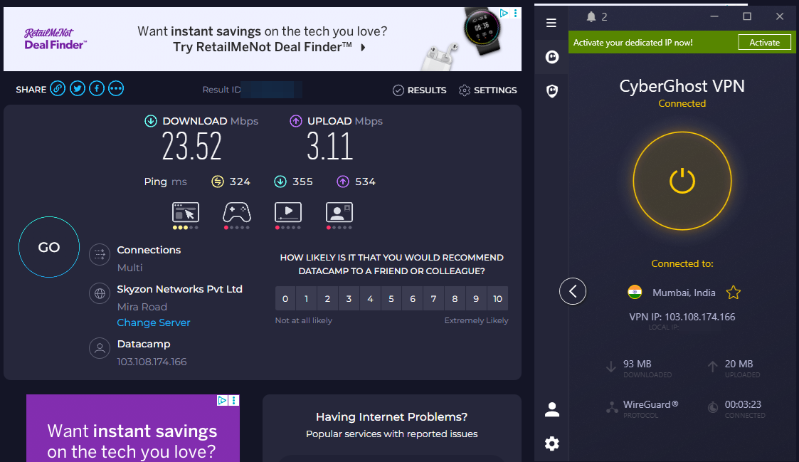 CyberGhost's speed test results while connected to India