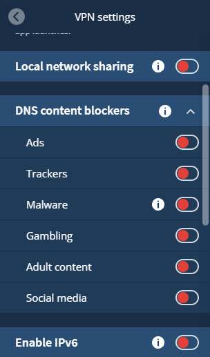 Mullvad's options for DNS content blockers