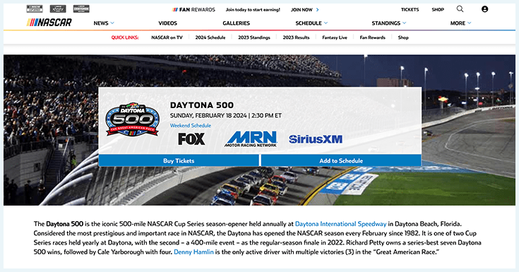 A screenshot of Daytona 500's website