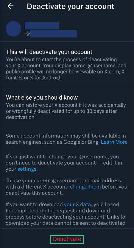 Android version of Twitter/X's deactivation page