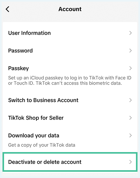 Image shows TikTok delete or deactivate option