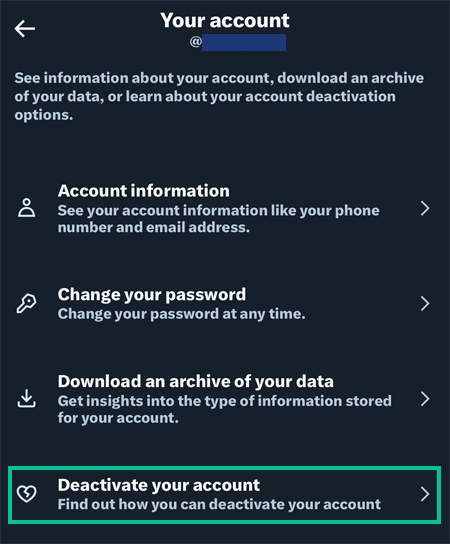 iOS version of Twitter/X's "Your account" page