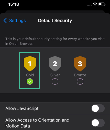 Security setting of the Onion browser with the highest level selected