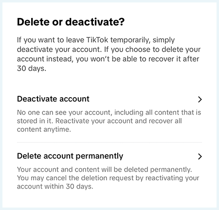 TikTok delete or deactivate choice shown in an image