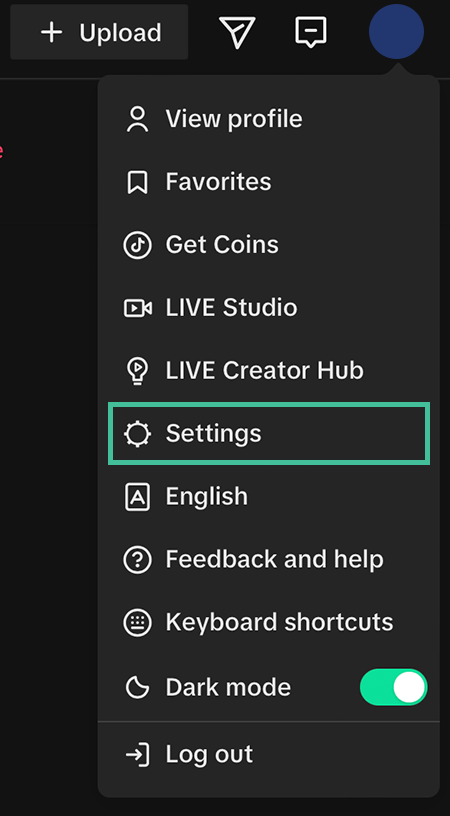 An image of the TikTok settings menu on desktop