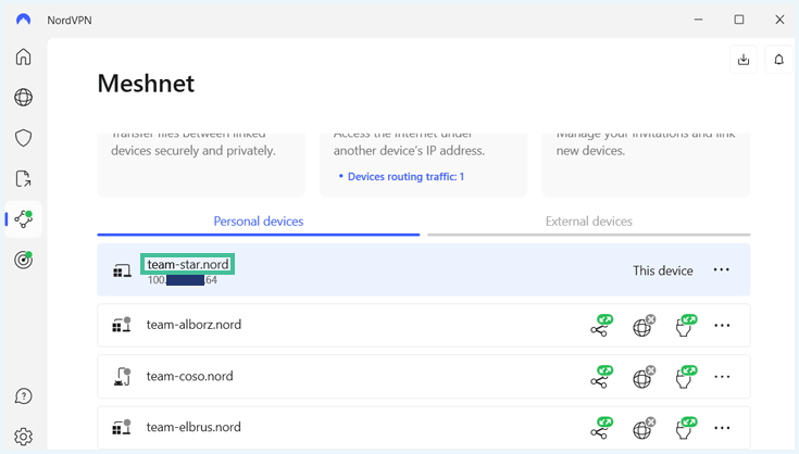 A screenshot of NordVPN's Meshnet functionality with the user's device name highlighted