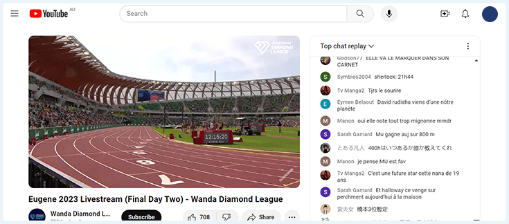A screenshot of Diamond League's YouTube channel playing the Eugene meet from Oregon.